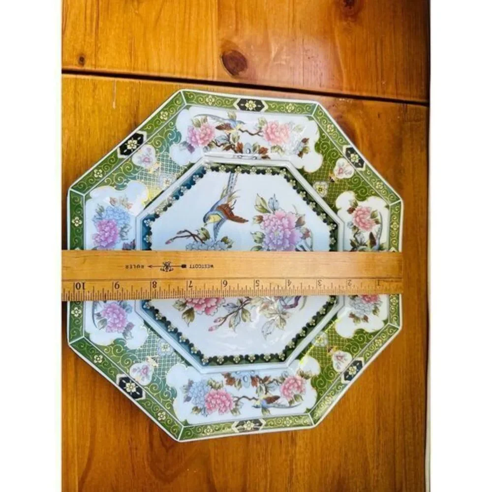 Vintage Octagon Green Dinner‎ Plate Peonies Bird AA Importing Co Made In Japan